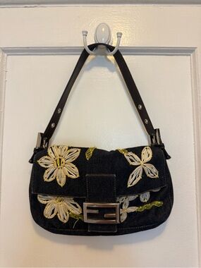 Fendi Black Denim Shoulder Bag with Cream Floral Embroidery